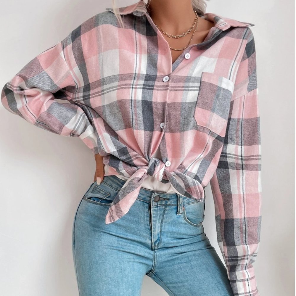 Boyfriend Drop Shoulder Pink Plaid Blouse